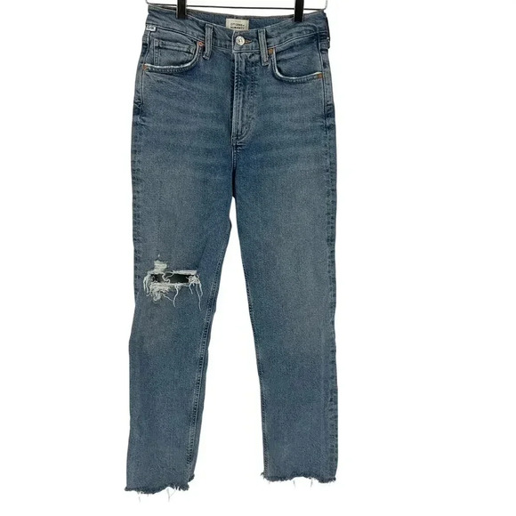Citizens of Humanity Daphne Crop High-Rise Stovepipe Jeans Blue Distressed 25 - Picture 2 of 7